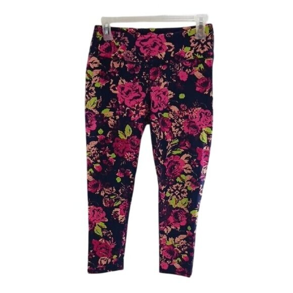 Gaiam Floral Leggings Pink and Lime Accents Stretch Cropped Womens Size S - Picture 1 of 7